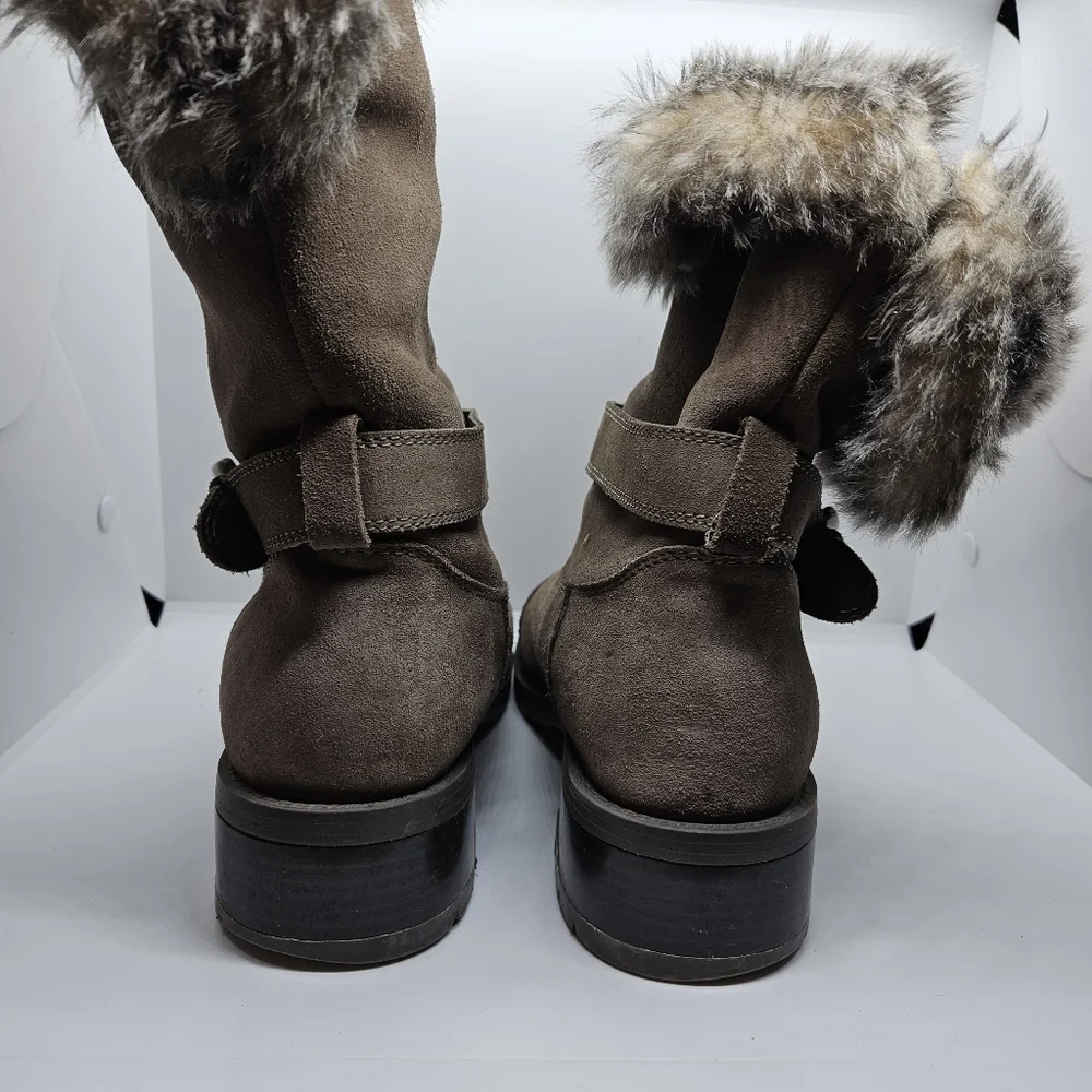 Cougar tan taupe suede faux fur lined foldover Franca boots side buckle detail 9